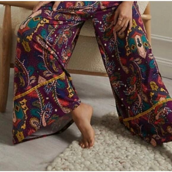 Anthropologie Wide Leg Pajama Pants OS Paisley Boho Gypsy Hippie Palazzo Flowy - Picture 2 of 8